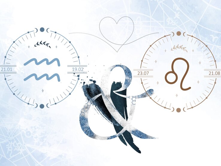 Die astrologischen Symbole der Sternzeichen Wassermann und Löwe vor einer blauen Aquarellzeichnung.